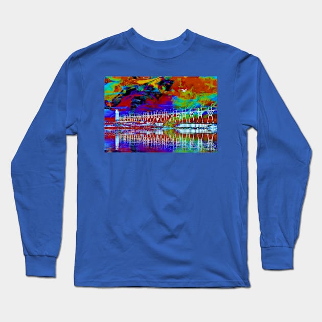 "Painted Water & Sky" - Michigan Fluid Art Lighthouse Series Long Sleeve T-Shirt by Colette22